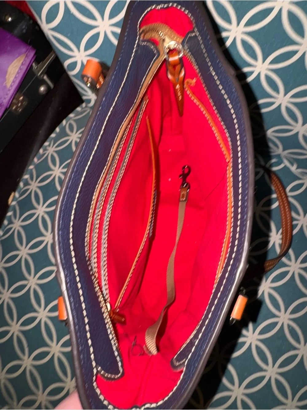 Women’s Navy Leather Tote with Brown Straps